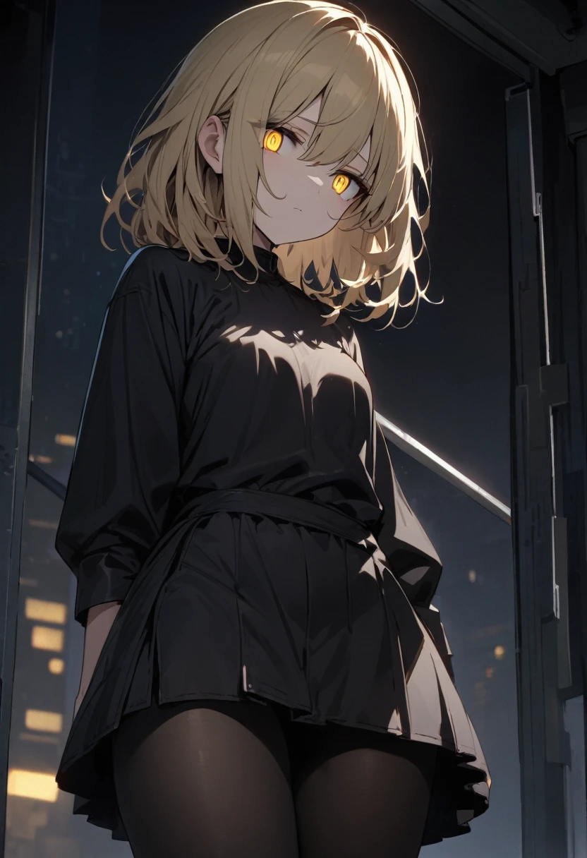 masterpiece, best quality, ultra detailed, detailed eyes, a handsome girl, solo,
medium length hair, blond hair,
yellow eyes, jitome, standing, emotionless,
short dress, tights,
night view