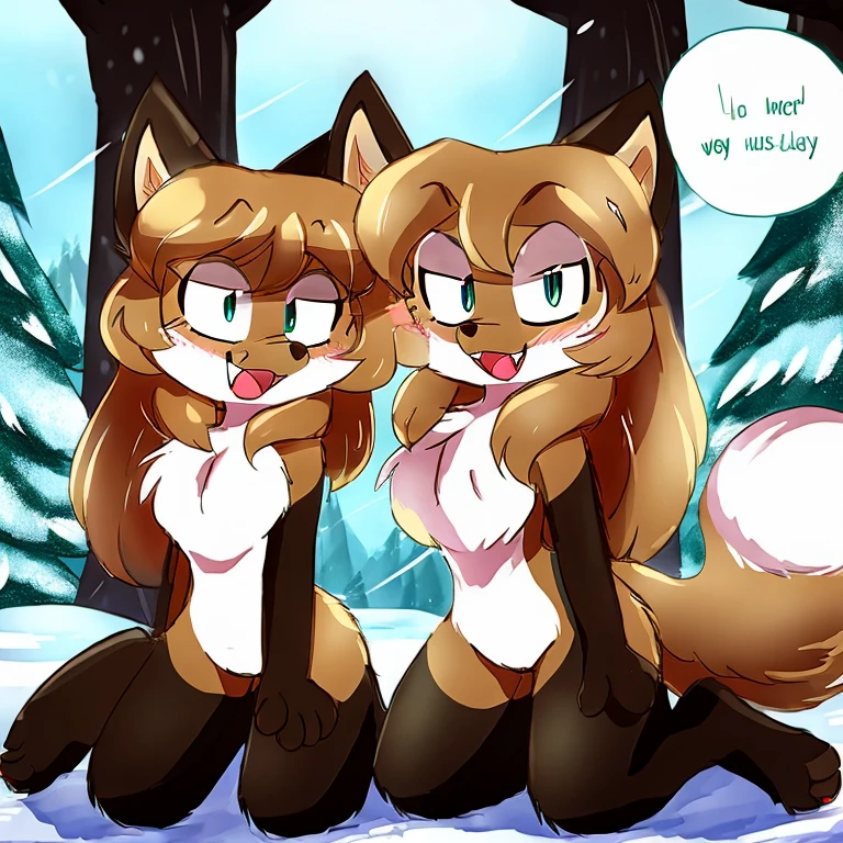 uploaded the e621, beautiful and detailed, woman (((female))) ((anthro)) Fox, (Averi, Fox girl), cinematic lighting, Fox, (anthro, fluffy fur), anthro fox girl, body fur, curvy, sexy, nice, cute, hot, comfortable anime-style cartoon-style, digital drawing, SFW, flat chest, green eyes, nervous smile, sassy, sassy hips, friendly smile, happy cute smile, fangs, looking at viewer, forest, snow, ice, tilted head, leaning sideways, 2 girls, speech bubble, hearts, heart, nuzzling, cuddling, on knees, wet fur