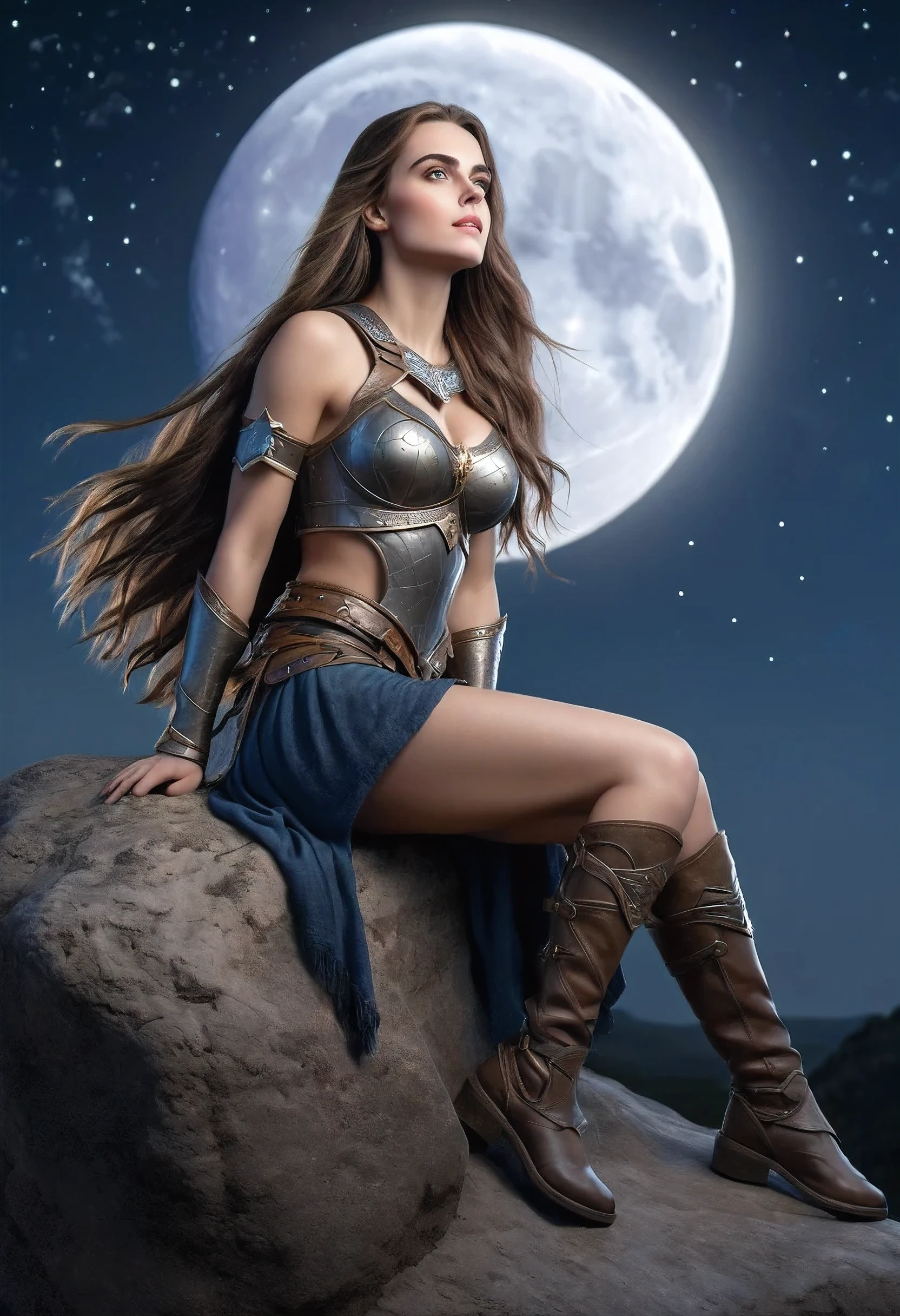 best quality, ultra realistic, A beautiful woman with long hair, photorealistic, Female Warrior, sitting on a rock, resting, looking up at the night sky, moon and stars,
