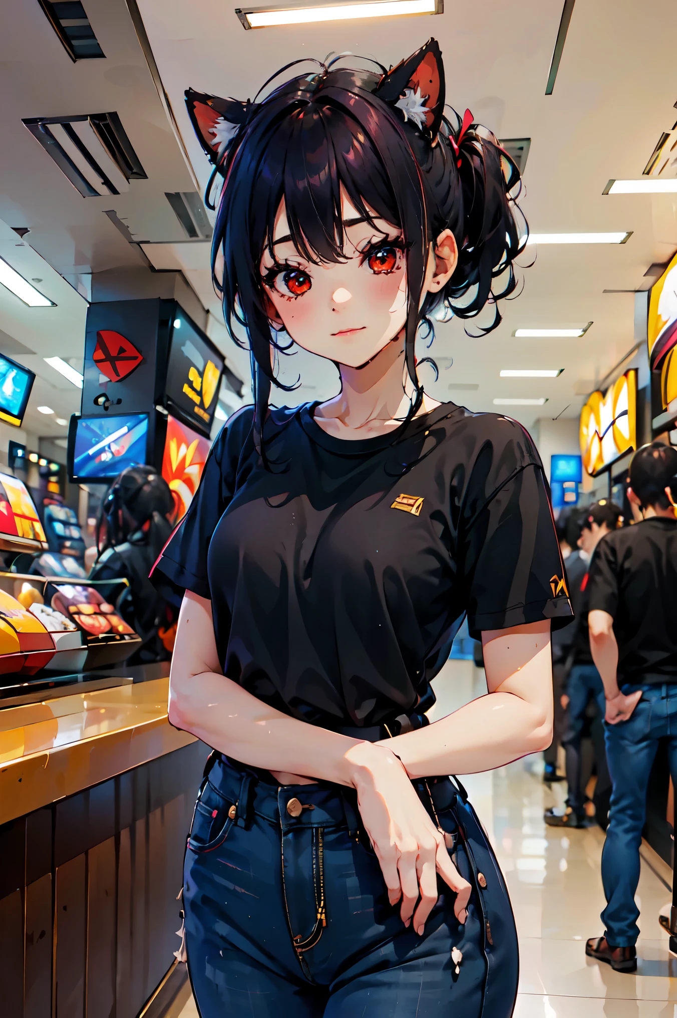 obra maestra, Of the highest quality, high resolution, junkotvv, ((casual clothing with jeans and short sleeve t-shirt 90° style))
tiro de vaquero, vista frontal,
Atractivo escote de cajero de mcdonalds maduro, mcdonalds, Edge lighting, 
1 chica, alone, pelo largo y negro, red eyes, pechos medianos, orejas de gato
Mirando al espectador,  
hermoso rostro, Hermosos y detallados ojos rojos., Cuerpo hermoso, Hermosos pechos, Hermosos muslos,