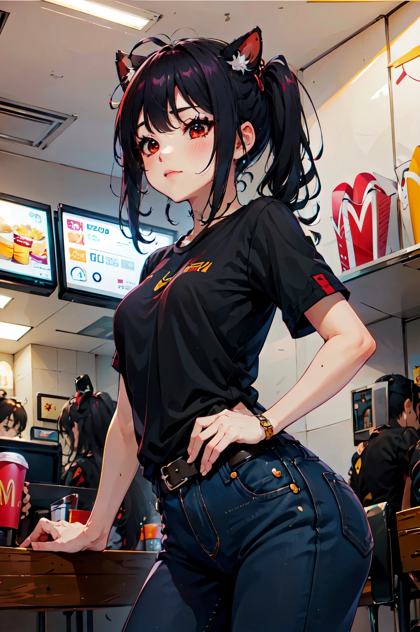 obra maestra, Of the highest quality, high resolution, junkotvv, ((casual clothing with jeans and short sleeve t-shirt 90° style))
tiro de vaquero, vista frontal,
Atractivo escote de cajero de mcdonalds maduro, mcdonalds, Edge lighting,
1 chica, alone, pelo largo y negro, red eyes, pechos medianos, orejas de gato
Mirando al espectador,
hermoso rostro, Hermosos y detallados ojos rojos., Cuerpo hermoso, Hermosos pechos, Hermosos muslos,