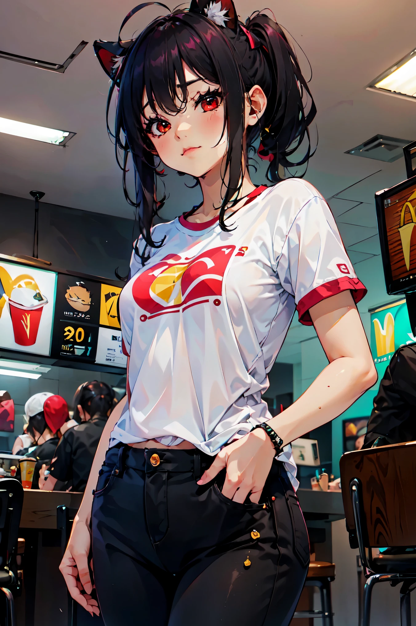 obra maestra, Of the highest quality, high resolution, junkotvv, ((casual clothing with jeans and short sleeve t-shirt 90° style))
tiro de vaquero, vista frontal,
Atractivo escote de cajero de mcdonalds maduro, mcdonalds, Edge lighting, 
1 chica, alone, pelo largo y negro, red eyes, pechos medianos, orejas de gato
Mirando al espectador,  
hermoso rostro, Hermosos y detallados ojos rojos., Cuerpo hermoso, Hermosos pechos, Hermosos muslos,