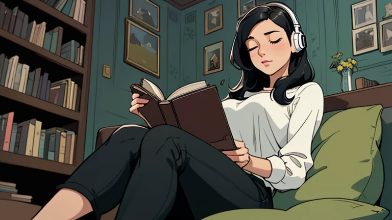 Beautiful woman in her 30s with black hair is sitting with headphones on the sofa. Looking down, eyes closed, LOFI girl, alone in the room, blouse, cozy wallpaper, big cushion, bookshelf, relaxing mood, night core, cozy, wide glass window with skyscrapers, outside view at night, only five fingers, Holding a book in hand,