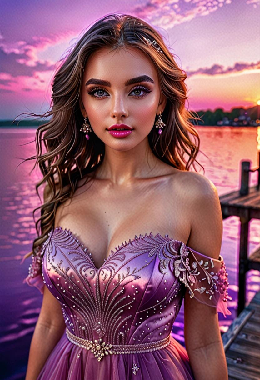 beautiful detailed eyes, beautiful detailed lips, extremely detailed eyes and face, long eyelashes, 1 girl in an evening dress, standing on a pier, 1 handsome man, large lake, purple-pink sunset, (best quality,4k,8k,highres,masterpiece:1.2),ultra-detailed,(realistic,photorealistic,photo-realistic:1.37),HDR,UHD,studio lighting,ultra-fine painting,sharp focus,physically-based rendering,extreme detail description,professional,vivid colors,bokeh,portrait