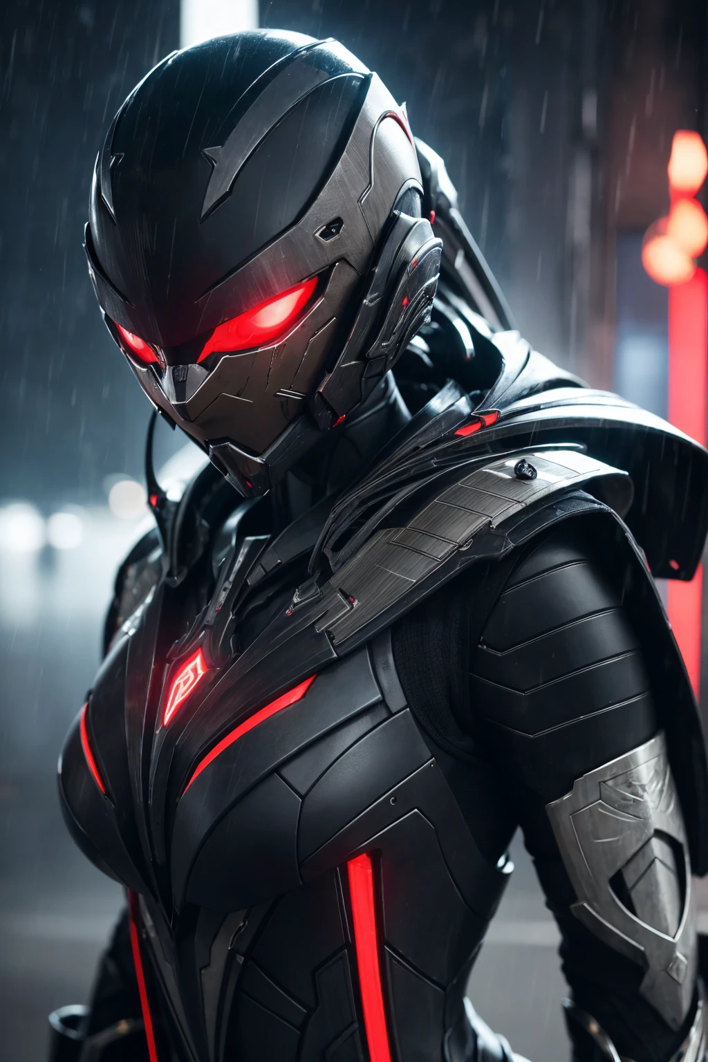 Woman warrior,1 Japanese girl, Warframe, Complex Pattern, Heavy Metal, Energy Line, Faceless, Glowing Eyes, elegant, intense, Blood red and black uniform, alone, Modern, city, street, Dark Clouds, thunderstorm, heavy rain,, Dramatic lighting,, (masterpiece:1.2), highest quality, High resolution, Beautiful details, Very detailed, Perfect lighting,