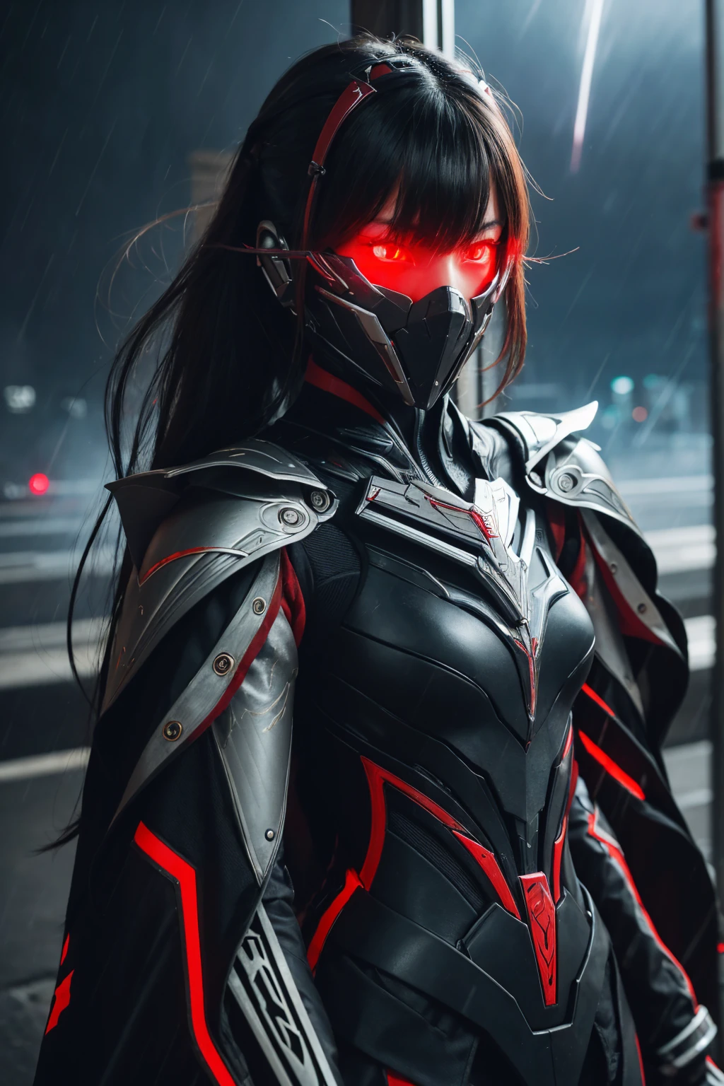 Woman warrior,1 Japanese girl, Warframe, Complex Pattern, Heavy Metal, Energy Line, Faceless, Glowing Eyes, elegant, intense, Blood red and black uniform, alone, Modern, city, street, Dark Clouds, thunderstorm, heavy rain,, Dramatic lighting,, (masterpiece:1.2), highest quality, High resolution, Beautiful details, Very detailed, Perfect lighting,