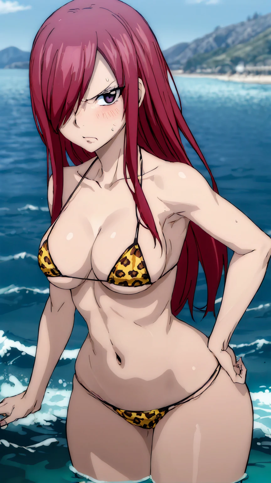 (masterpiece, 4K, highest quality, anime style: 1.9, Detailed face, Lovely, Ocean,Bold Line, High resolution, anime, Lake 4. alone, Curvaceous, Thighs, Cleavage, Center of chest, Very slim belly, Cowboy Shot, Leopard print bikini,1 girl,((Looking into the camera))),(((anger,Glare))),fine grain,(((One eye is hidden))), Elsa Scarlet,Angry face,blush