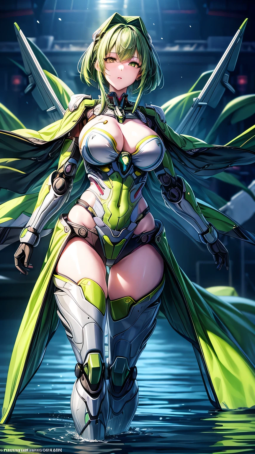 (Complex green-haired woman,Mecha joints and wing radiation, Quiet and dignified, Standing in the water), high resolution, Extremely detailed, Practical, Vibrant colors, Bokeh, Studio Lighting.