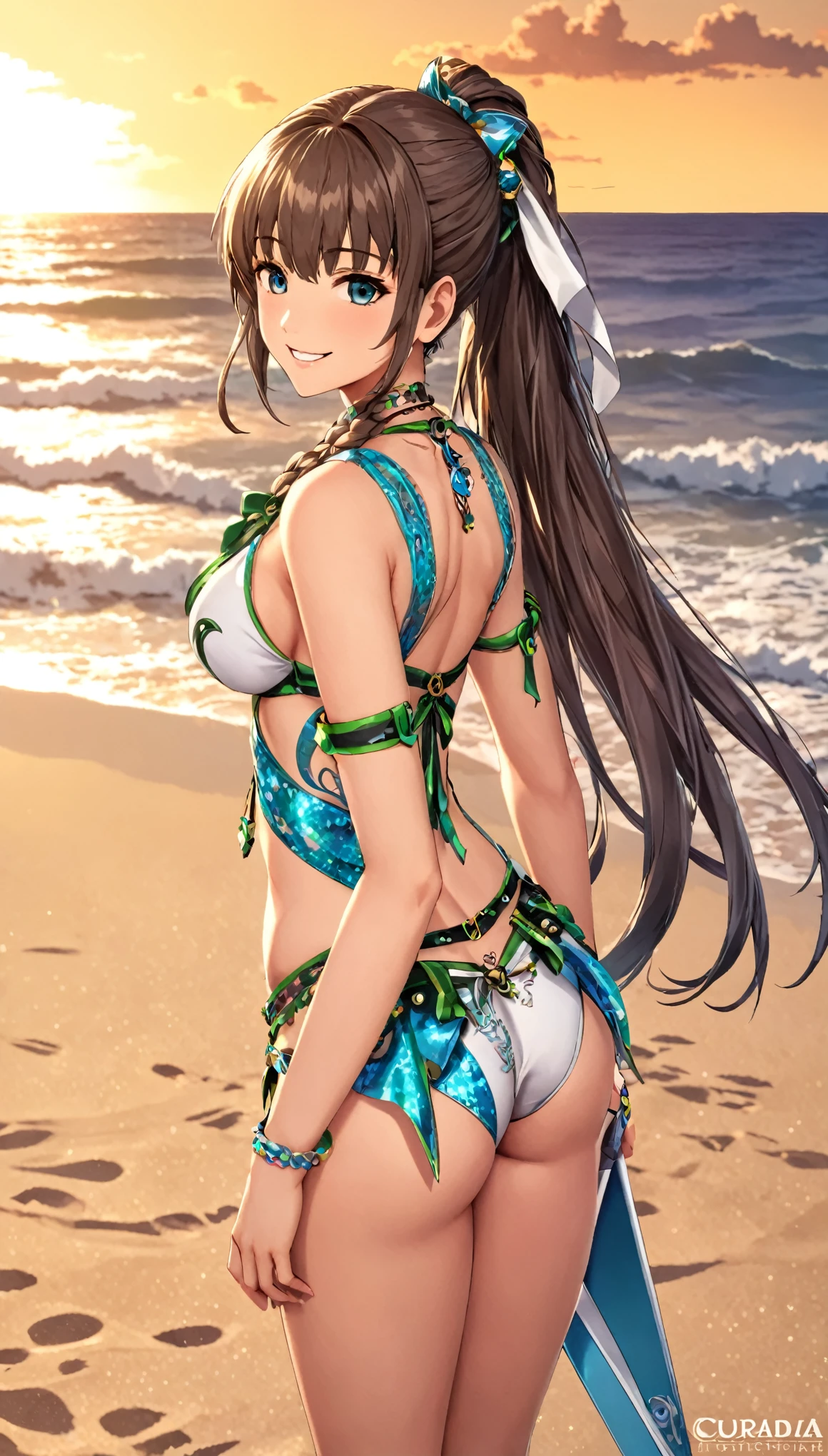 Eve, Espada estelar, pechos grandes, curvas, muslos gruesos, 1 chica,solo,maquillaje pesado,lindo,pendientes,trenza de anillo,(sonrisa lasciva:1.1),cola de caballo,Idol,puta, bikini blanco,(playa:1.1), vista trasera, nalgas grandes, looking to the camera