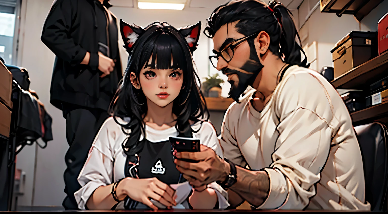 hombre con el cabello rizado, long black hair and freshly cut beard. // dentro de la oficina // junto a una hermosa mujer junkotvv con gafas, pelo ondulado color negro, orejas de gato y ojos rojos.