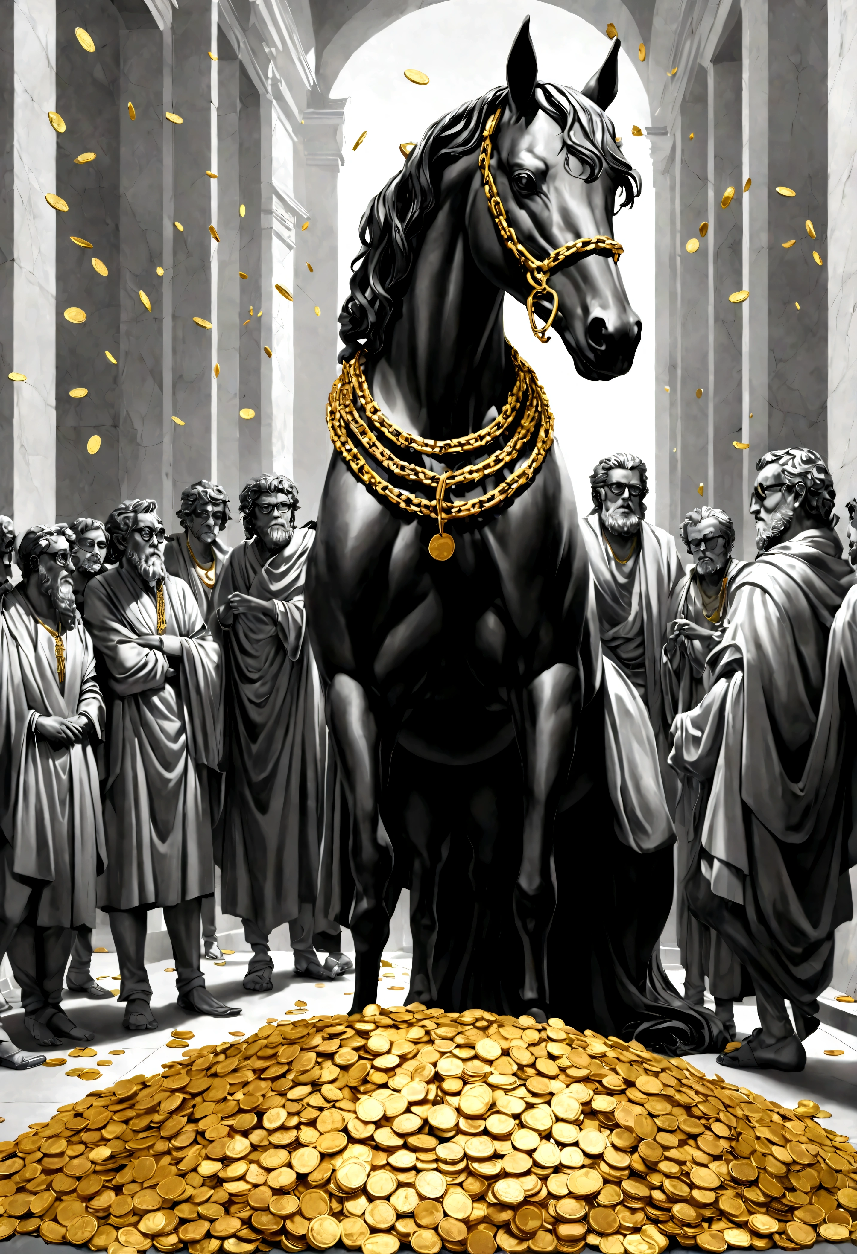 I want a sculpture of stoic philosophers with a black and white background. The picture should focus on the philosphers holding money or in a meeting and showing wealth. It should be a full-body sculpture with walls or buildings in the back ground. Hyper realistic wearing the gold chain glasses several gold coin scattered on the floor Best for creating fairy horse style and sharp lines.