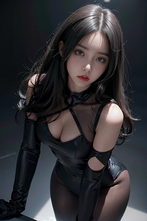 See-through leotard, Volumetric lighting、Highly detailed face、One girl、Exposed thighs、Exposed buttocks、Exposed breasts、Turn around、dark、Deep Shadow、Low Key、Hair length、Gray Hair、