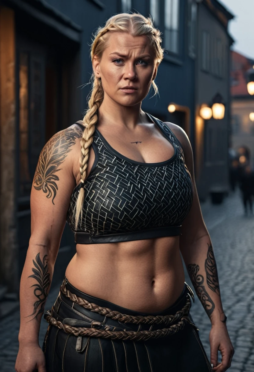 a chubby but muscular scandinavian woman, 35 years old, blonde hair,sidecut and braided hairstyle, nordic tattoos,medieval clothing in modern city,detailed face,intense expression,dramatic lighting,8k,high quality,photorealistic full body shot