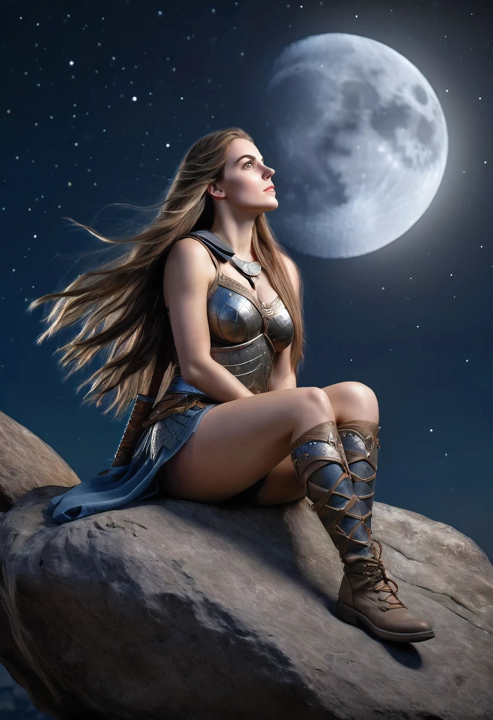 best quality, ultra realistic, A beautiful woman with long hair, photorealistic, Female Warrior, sitting on a rock, resting, looking up at the night sky, moon and stars,