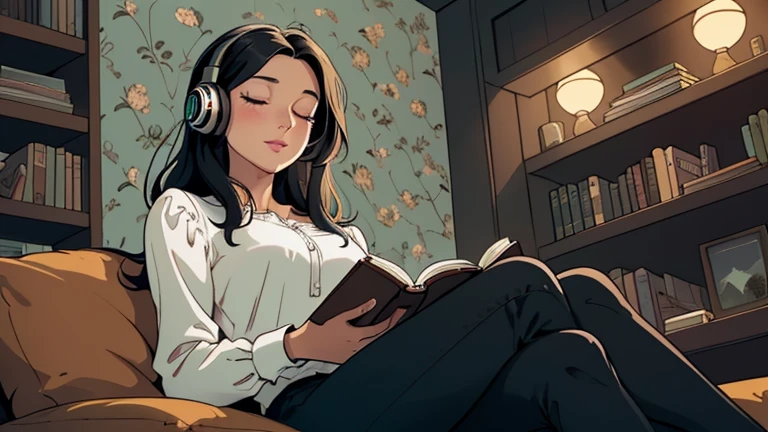 Beautiful woman in her 30s with black hair is sitting with headphones on the sofa. Looking down, eyes closed, LOFI girl, alone in the room, blouse, cozy wallpaper, big cushion, bookshelf, relaxing mood, night core, cozy, wide glass window with skyscrapers, outside view at night, only five fingers, Holding a book in hand,
