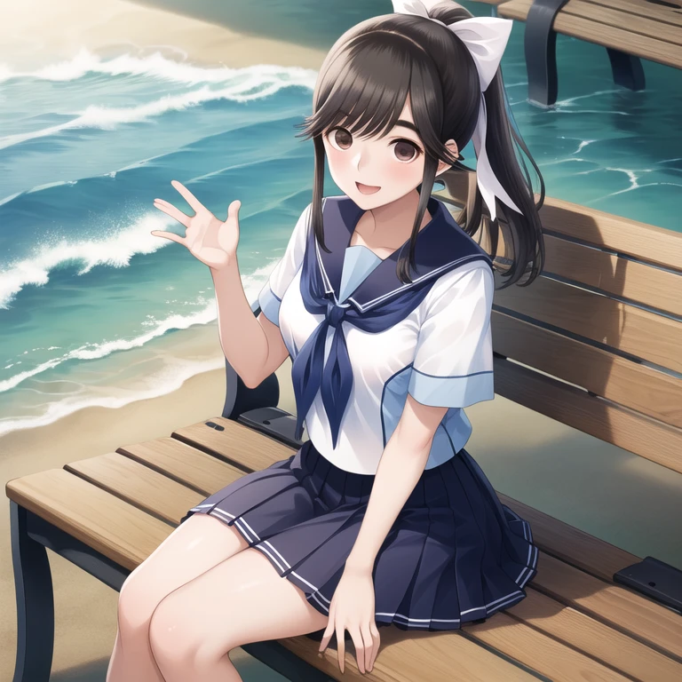 masterpiece, highest quality, High resolution, Amanaka, Long Hair, ponytail, Hair Ribbon, serafuku, White shirt, Short sleeve, Sailor collar, Blue neckerchief, Pleated skirt, Blue Skirt, Sitting, bench, Open your mouth, wave hands, smile,