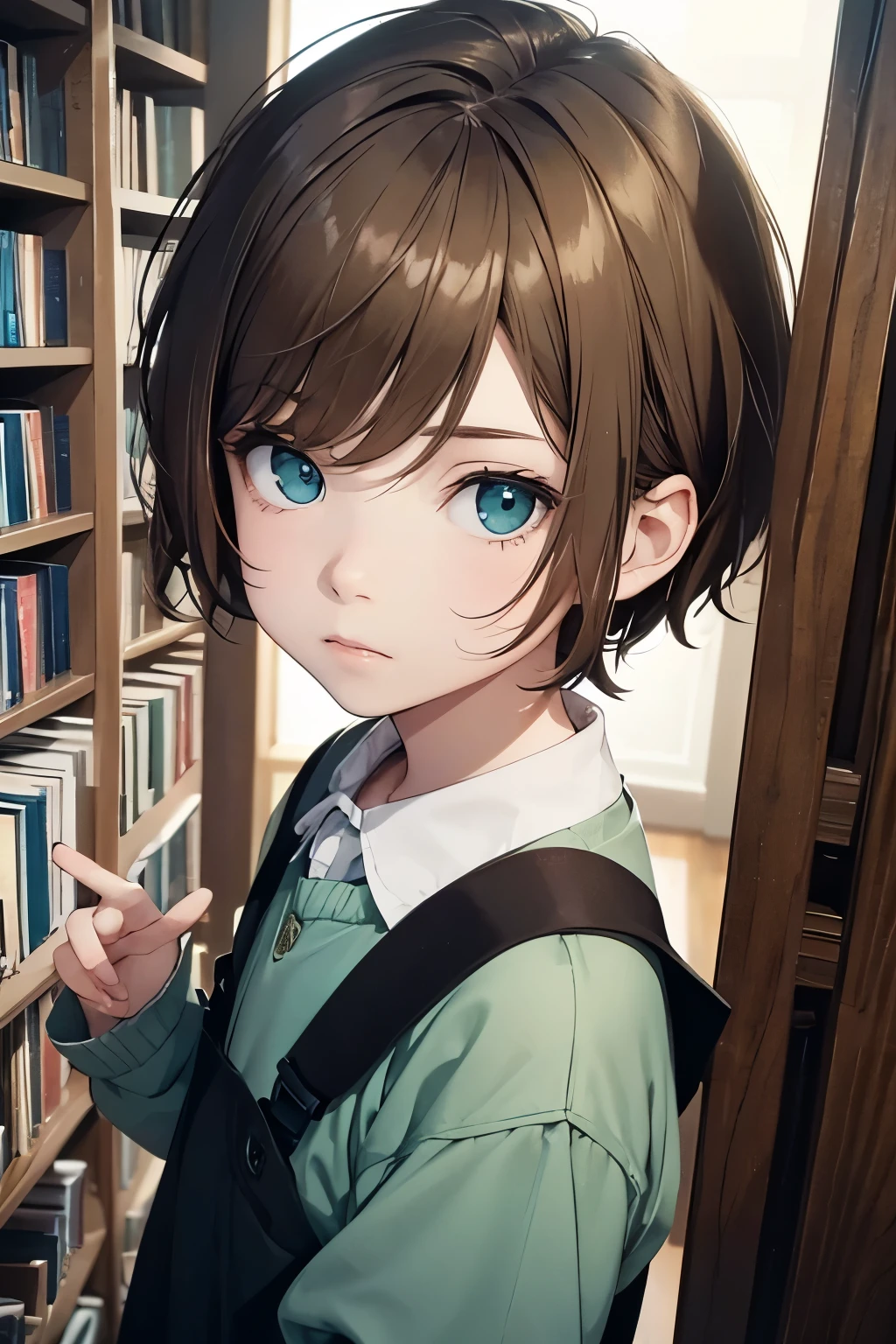 A little ??? with short light brown hair and pale skin. Green eyes with a bit of blue. And they are looking curious and clothed in a bookish style. They are androgynous
