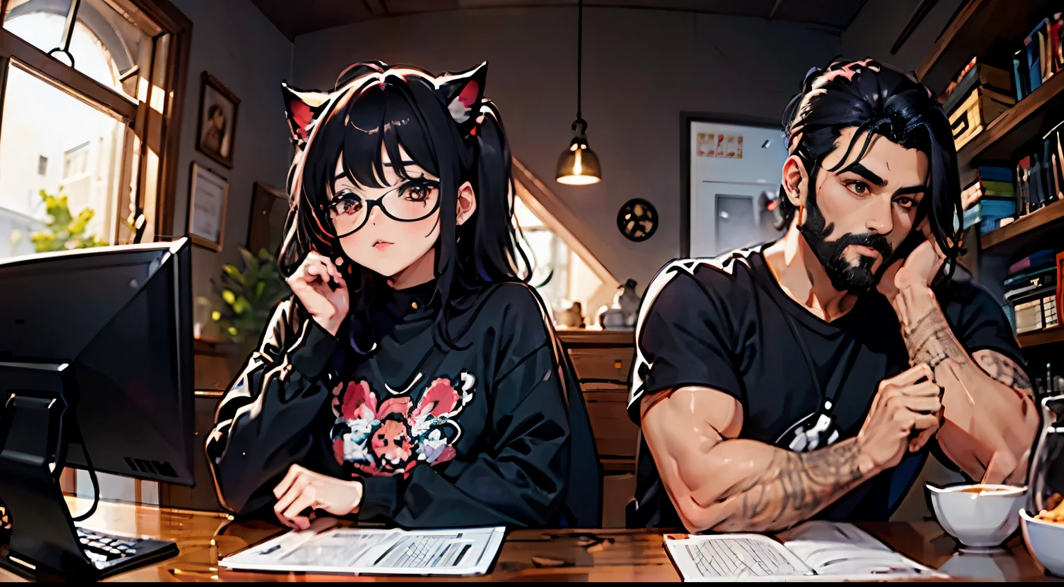 hombre con el cabello rizado, long black hair and freshly cut beard. // dentro de la oficina // junto a una hermosa mujer junkotvv con gafas, pelo ondulado color negro, orejas de gato y ojos rojos.