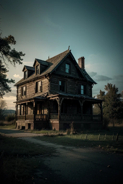 Create an image of old house between broken trees , giving horror and thrill vibes