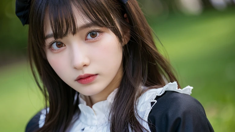 (Long Hair, bangs:1.2),(Wearing Gothic Lolita clothes:1.2),1 girl,Japanese,21 years old,(Small breasts:1.3),(highest quality,masterpiece:1.3,超A high resolution,),(Ultra-detailed,Caustics),(Photorealistic:1.4,RAW shooting,)Ultra-Realistic Capture,Very detailed,High resolution 16K human skin close-up。 Natural skin texture、,Pores、、It needs to be detailed enough to be easily identifiable。 Skin should be even-toned and healthy looking。 Use natural light and colour, Sad expression, Looking at the camera, Perfect dynamic composition, Outdoor