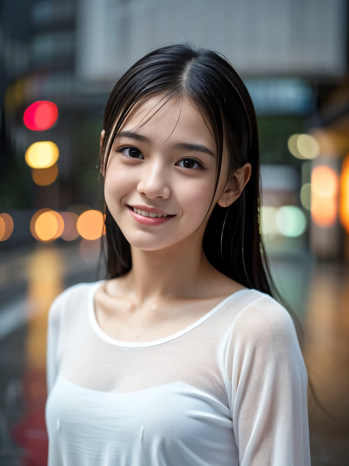 (Best-quality, Masterpiece, Ultra-High-Resolution, (Photorealistic:1.4), Raw Photo, depth of field, professional lighting, perfect anatomy, extremely details), 1girl, 15-years-old, the most famous Japanese idol, looking at viewer, innocent smile, ((standing on street in heavy-rain)), ((wearing only extremely wet casual-dress from heavy-rain)), (extremely cute and extremely wet face from heavy-rain, ((extremely cute and extremely big eyes)), extremely wet hair from heavy-rain, extremely beautiful and extremely wet skins from heavy-rain), ((detailed heavy-rain):1.7)