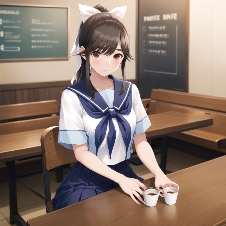 masterpiece, highest quality, High resolution, Amanaka, Long Hair, ponytail, Hair Ribbon, serafuku, White shirt, Short sleeve, Sailor collar, Blue neckerchief, Pleated skirt, Blue Skirt, indoor, Cafe, cup, table, Sitting,