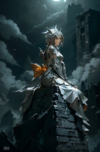 Dystopian and eerie landscape of Dis Topia with moonlight and smoke. Low perspective. A female warrior sits on a pile of bricks.   She wore a complex and natural-looking set of white and silver armor.  Including orange and yellow highlights.   The character shapes are sharp and detailed.  with a mysterious hat covering her head   She is armed with a bow.   She is sitting on a pile of bricks in a powerful pose.   Add details such as intricate patterns on the armor. 