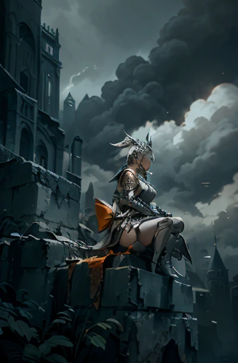 Dystopian and eerie landscape of Dis Topia with moonlight and smoke. Low perspective. A female warrior sits on a pile of bricks.   She wore a complex and natural-looking set of white and silver armor.  Including orange and yellow highlights.   The character shapes are sharp and detailed.  with a mysterious hat covering her head   She is armed with a bow.   She is sitting on a pile of bricks in a powerful pose.   Add details such as intricate patterns on the armor. 