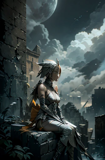 Dystopian and eerie landscape of Dis Topia with moonlight and smoke. Low perspective. A female warrior sits on a pile of bricks.   She wore a complex and natural-looking set of white and silver armor.  Including orange and yellow highlights.   The character shapes are sharp and detailed.  with a mysterious hat covering her head   She is armed with a bow.   She is sitting on a pile of bricks in a powerful pose.   Add details such as intricate patterns on the armor. 