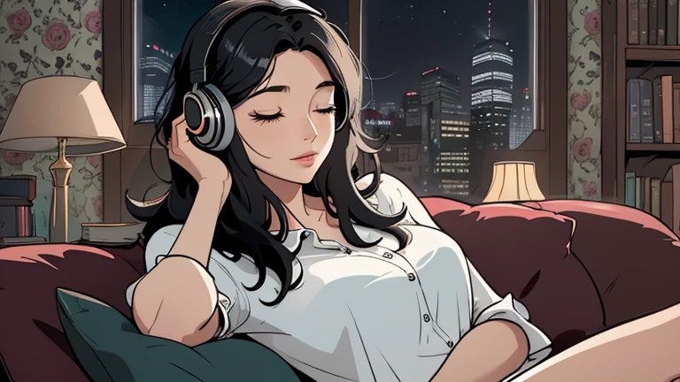 Beautiful woman in her 30s with black hair is sitting with headphones on the sofa. Looking down, eyes closed, LOFI girl, alone in the room, blouse, cozy wallpaper, big cushion, bookshelf, relaxing mood, night core, cozy, wide glass window with skyscrapers, outside view at night, only five fingers, Holding a book in hand,