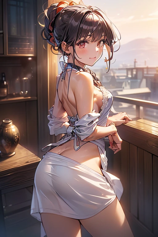 (A masterpiece of image quality in 8K),(Beautiful Allafed Woman),(((emphasizing breasts:1.1))),(Dynamic angles),(Dynamic and sexy bending pose:1.3),(sit a chair:1.1),(Short hair in shiny silver and orange inner colors,small full breasts,Disturbance of clothing due to movement,breast slip,(Ponytail twisted buns adorned with elaborate braids and beads,Braided Setup Fishbone Hair,),(see-through bangs),(perky chest:1.1), (pointed chest:1.3), small breasts、(((A white lace apron that shows your bare skin from under your small breasts)))、Blush with embarrassment、Enraptured eyes、A smile that beguiles the viewer、(Look back:1.7)、Look into the photographer,skin glistening with sweat,gazing at viewer,,(Professional Lighting),(8K,masutepiece,top-quality,Ultra-high resolution output image,),(Ultra HD with complex detail image modes),depth of fields,Beautiful hands,Beautiful fingers,Detailed finger features,(Detailed hair features:1.7),detailed facial features,detailed clothes features, (perky chest:1.1), (pointed chest:1.3), 
