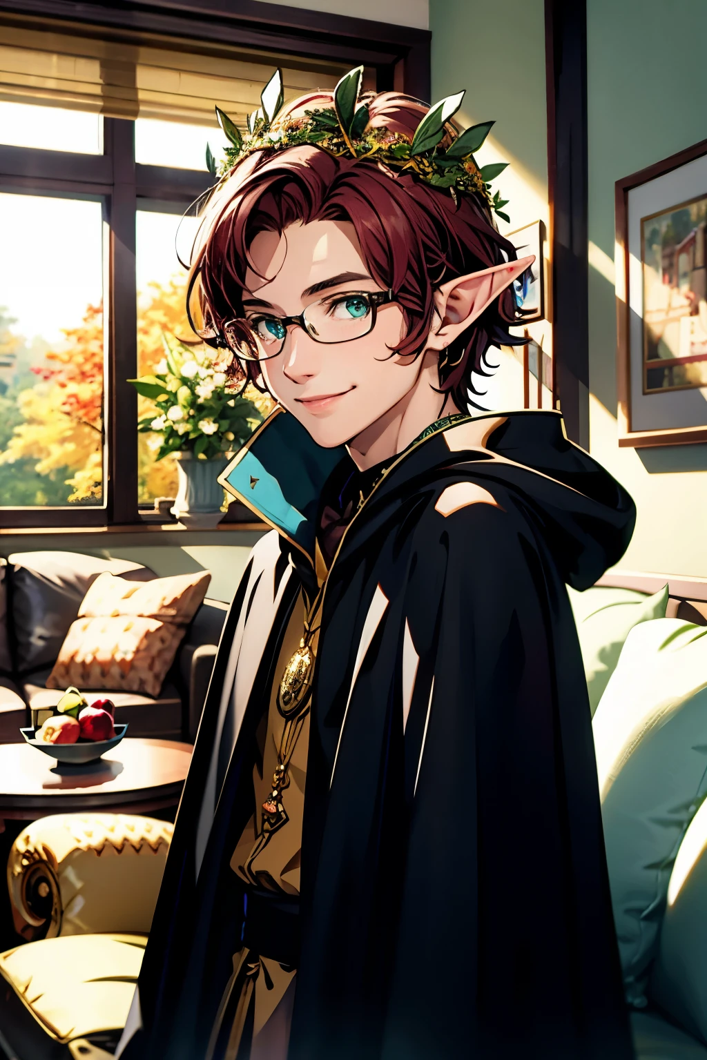 Ridiculous resolution, high resolution, (masterpiece:1.4), Hyper-detailing, man, elf, short maroon hair, smiling, casual clothing, black robe and cape, light blue pupils, leaf crown, glasses, facing camera, on a sofa in a living room