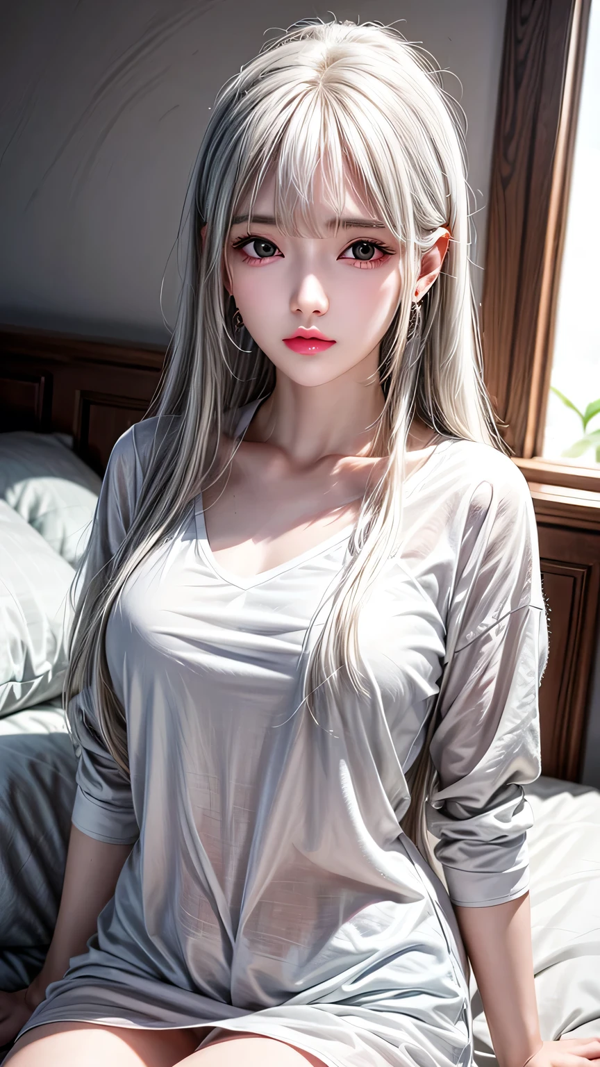 1 girl, solitary, long hair, shirt, white shirt, Bangs, Upper Body, earrings, Jewelry, white hair, shut up、Lying in bed