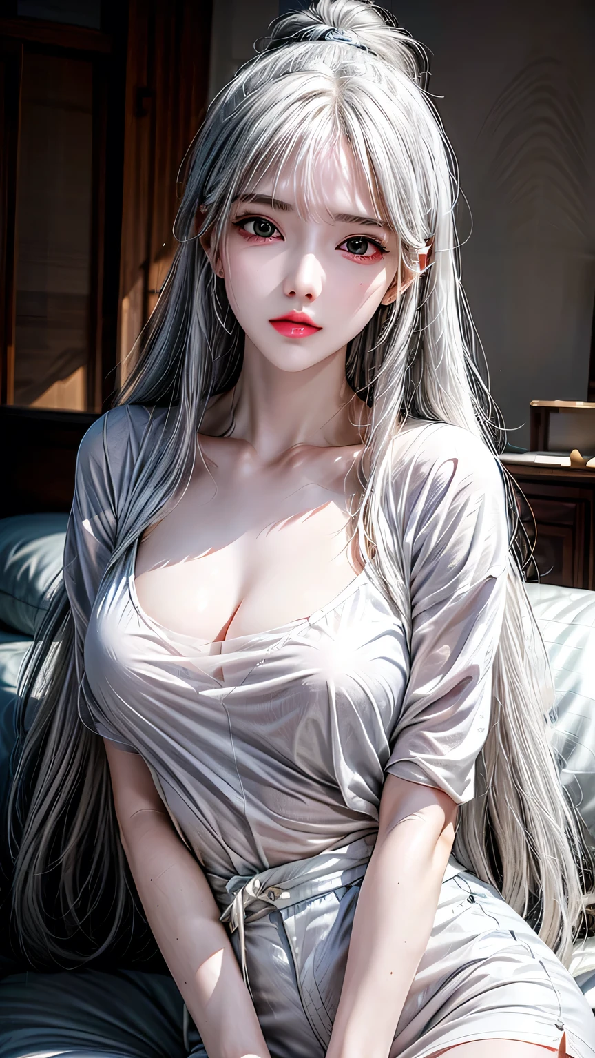 1 girl, solitary, long hair, shirt, white shirt, Bangs, Upper Body, earrings, Jewelry, white hair, shut up、Lying in bed