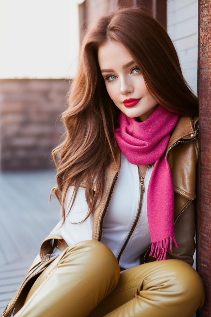 Photorealistic, best quality, hyper detailed, full-body picture. Gorgeous, pretty, warm-hearted, kind-hearted, good-hearted, stunning, cheerful, sweet, polite, sensitive, sensible, shiny, charming, alluring, dreamy, graceful, classy, stylish, flowing quite long ginger haired belarusian woman with the cutest face, skin, soft make-up, red lipstick, she is wearing a leather jacket, skinny trousers, riding boots, and a pink scarf.