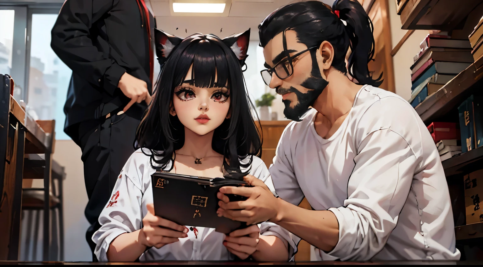 hombre con el cabello rizado, long black hair and freshly cut beard. // dentro de la oficina // junto a una hermosa mujer junkotvv con gafas, pelo ondulado color negro, orejas de gato y ojos rojos.