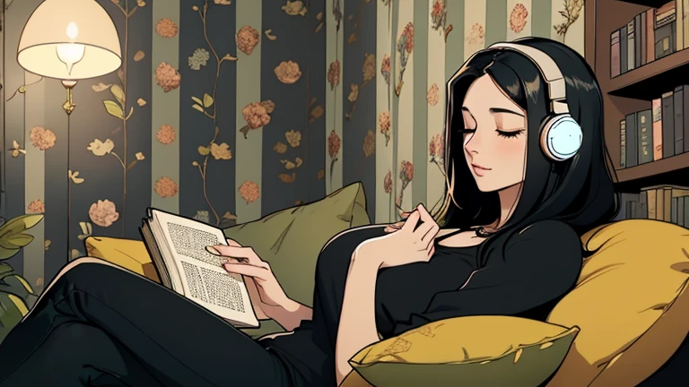 Beautiful woman in her 30s with black hair is sitting with headphones on the sofa. Looking down, eyes closed, LOFI girl, alone in the room, blouse, cozy wallpaper, big cushion, bookshelf, relaxing mood, night core, cozy, wide glass window with skyscrapers, outside view at night, only five fingers, Holding a book in hand,