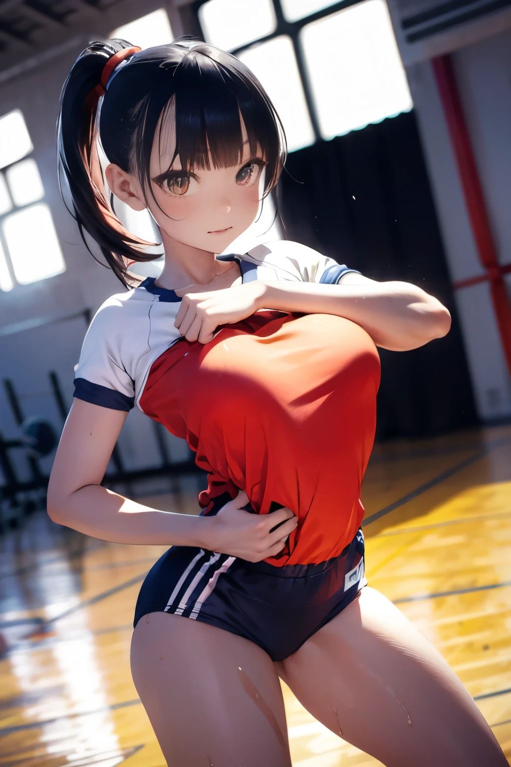 nsfw,highest quality、In 8K、masterpiece、Hmph、超A high resolution、RAW Photos、(Photorealistic:1.3)、Natural soft light、(Depth of written boundary)、Slender、(whole body:1.2)、From behind、Detailed face and eyes、Realistic students、Sharp pupils、Inside the gymnasium storehouse、(Dynamic action poses、play volleyball)、Beautiful Face、Beautiful girl of 36 years old、Glowing Skin、ponytail、Beautiful black hair、Red Eye、(blush:0.7)、Embarrassed face、Sweat、Volleyball Uniforms、(Thighs Thighs Thighs Thighs:0.8)、Hips、(Huge Breasts:1.3)、Grabbing her chest、Erect nipples:1.2、Small nose、Small Nose