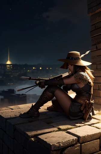 Dis Topia dystopian and mysterious landscape with moonlight and smoke. perspectiva baixa. Uma guerreira sentada em uma pilha de tijolos. Ela usava um conjunto complexo e natural de armadura branca e prateada. Incluindo destaques laranja e amarelo. Character shapes are sharp and detailed. with a mysterious hat covering her head She is armed with a bow. She is sitting on a pile of bricks in a powerful pose. Add details like intricate patterns to the armor.