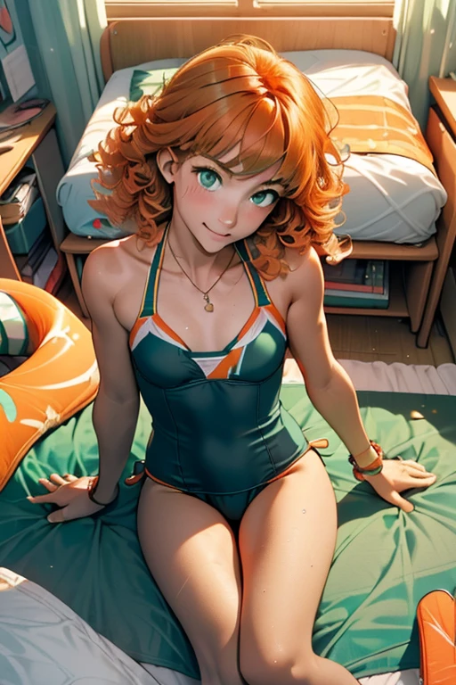 best quality, masterpiece, (very small breasts:1.3), from above, pov, barefoot, (bedroom:1.3), (student swimwear:1.5), miorine rembran, ahoge, (green eyes:1.5), orange hair, hair between eyes, (long curly hair:1.25), swept bangs, 