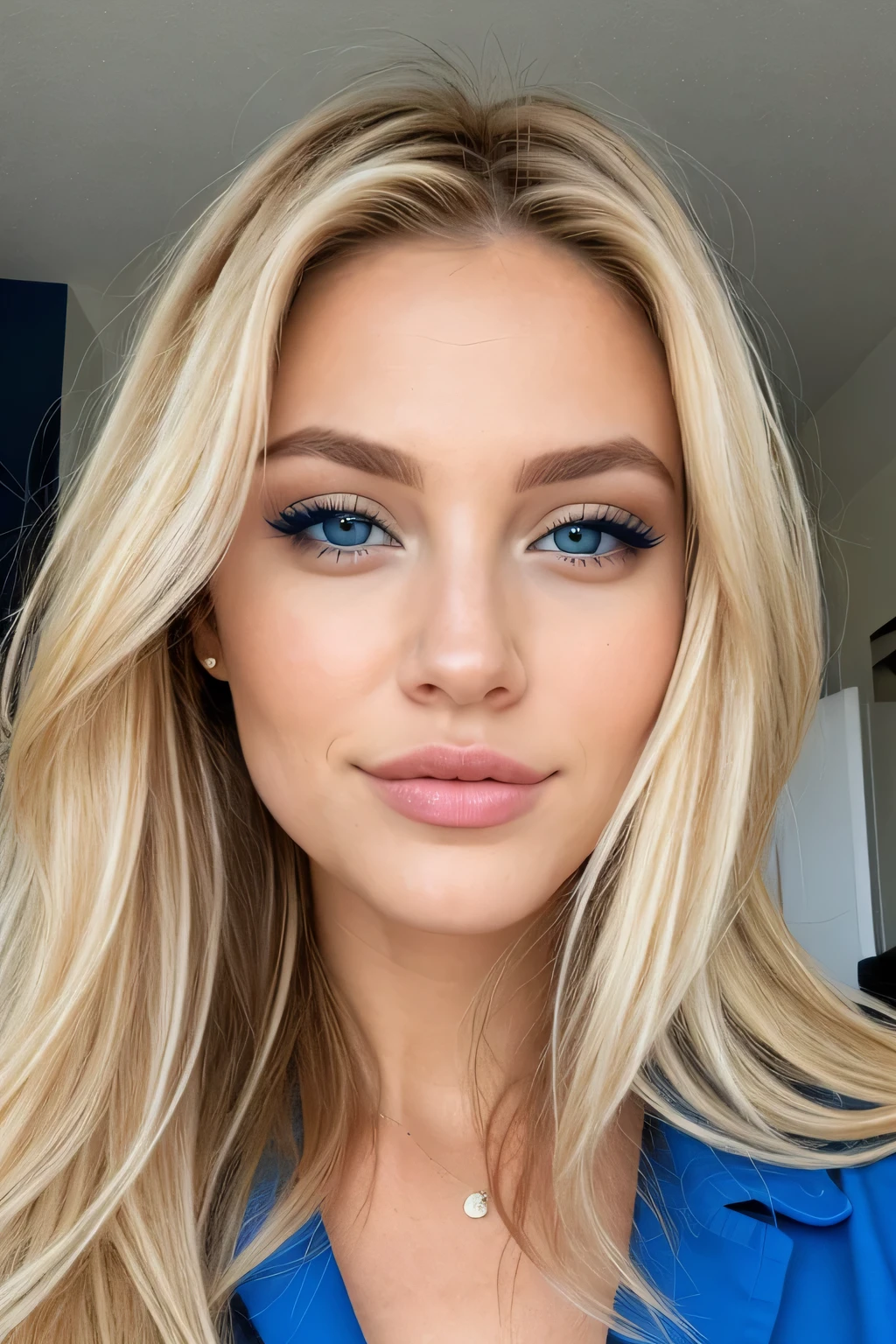 Blonde, jolie yeux bleus, visage parfait, dressed