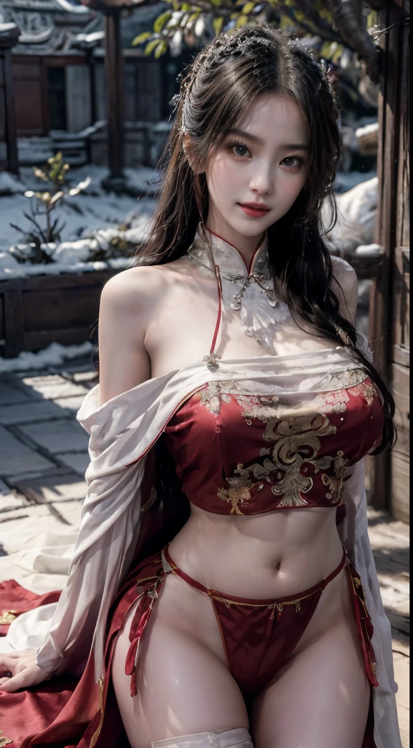 (Masterpiece), (absurderes), (The lens focuses on the thigh), Shiny skin, Girl, Solo, pupils sparkling, long eyelasher, Closed mouth, Long hair, Striped hair, Wavy hair, (Chinese belly pocket:1.27),(Red plush cloak:1.2),view the viewer, (Cover with snow,the night,Bright old temple:1.3), Cinematic lighting,(Ultra-realistic textile textures),,an award winning photograph, Extremely detailed, Amazing, finedetail, (Extremely detailed eyes:1.125) and face, hyper realistic lifelike texture ,unreal-engine ,ArtStation Cinestill 800 tungsten lamp trend, Beautiful woman, Ulzzang-6500, (seductive grin smile), medium , spread nipples, show vag