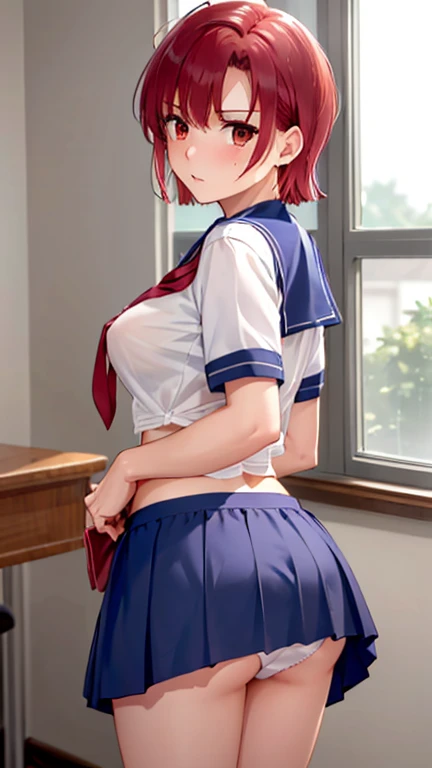 (masterpiece, highest quality:1.2), bazett, FGO, One girl, alone, short hair, Redhead, bangs, Red eyes、blush、Shame face、Normal beautiful breasts, Earrings, (Sailor suit、mini skirt)、classroom、((Cute white panties、Panty shot))、((Backwards、look back))