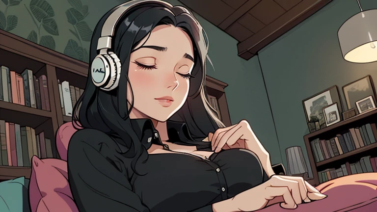 Beautiful woman in her 30s with black hair is sitting with headphones on the sofa. Looking down, eyes closed, LOFI girl, alone in the room, blouse, cozy wallpaper, big cushion, bookshelf, relaxing mood, night core, cozy, wide glass window with skyscrapers, outside view at night, only five fingers,