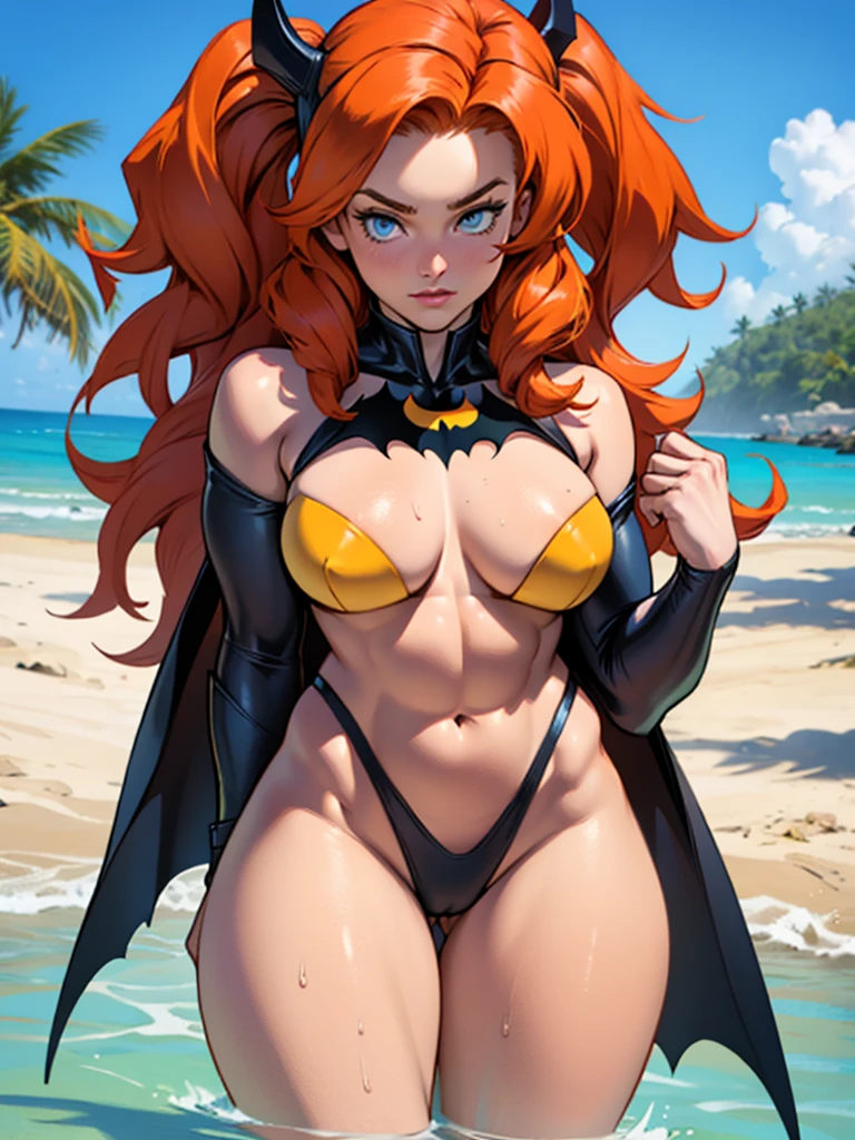 muscular, large breasts, toned body, 1 girl, ginger hair, pale skin, blue eyes, very long hair (at the tropical beach) looking at viewer close up batgirl (with batman insignia) bathing suit, pinup poses