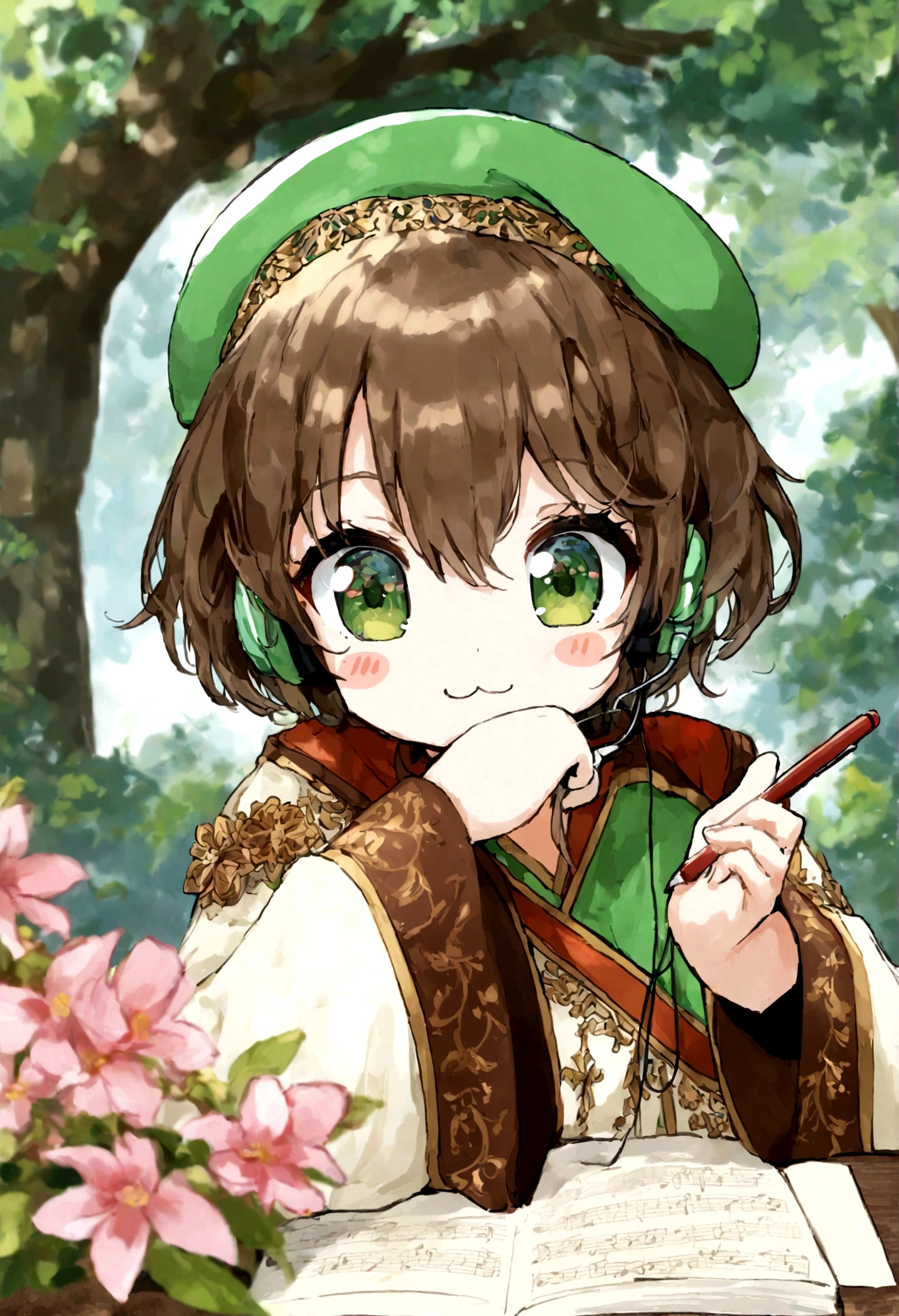 (Daisaku),(Need),(Super meticulous),(full bodyesbian:1.2),1girl,tchibi,adolable,ssmile,Smile with your mouth closed,florals,exteriors,Raise your right hand,Hold a pencil in hand,Hold a book in your left hand,Music,beret,Writing with a pencil in hand,Manteau,Blushlush,The tree,:3,The shirt,short detailed hair,SakuraNS,green headwear,Blurred,brunette color hair,Blush stickers,longer sleeves,By bangs,Earphone,brunette color hair,pinkflower,(beautiful detailed face),(Beautiful and delicate eyes),