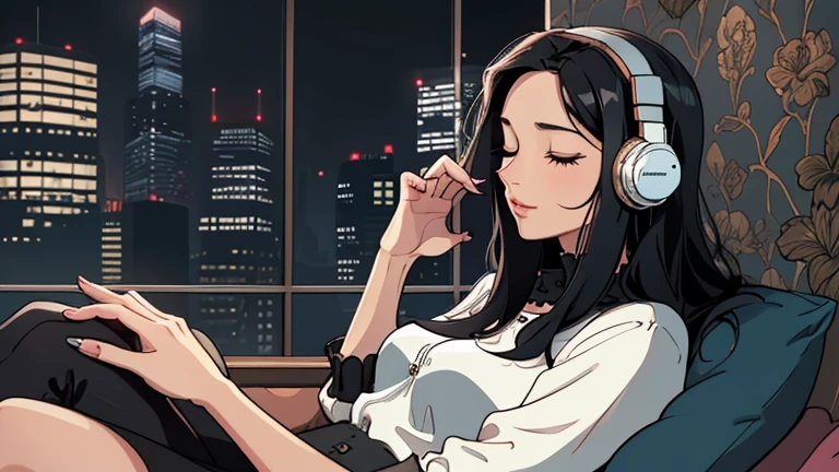 Beautiful woman in her 30s with black hair is sitting with headphones on the sofa. Looking down, eyes closed, LOFI girl, alone in the room, blouse, cozy wallpaper, big cushion, bookshelf, relaxing mood, night core, cozy, wide glass window with skyscrapers, outside view at night, only five fingers,