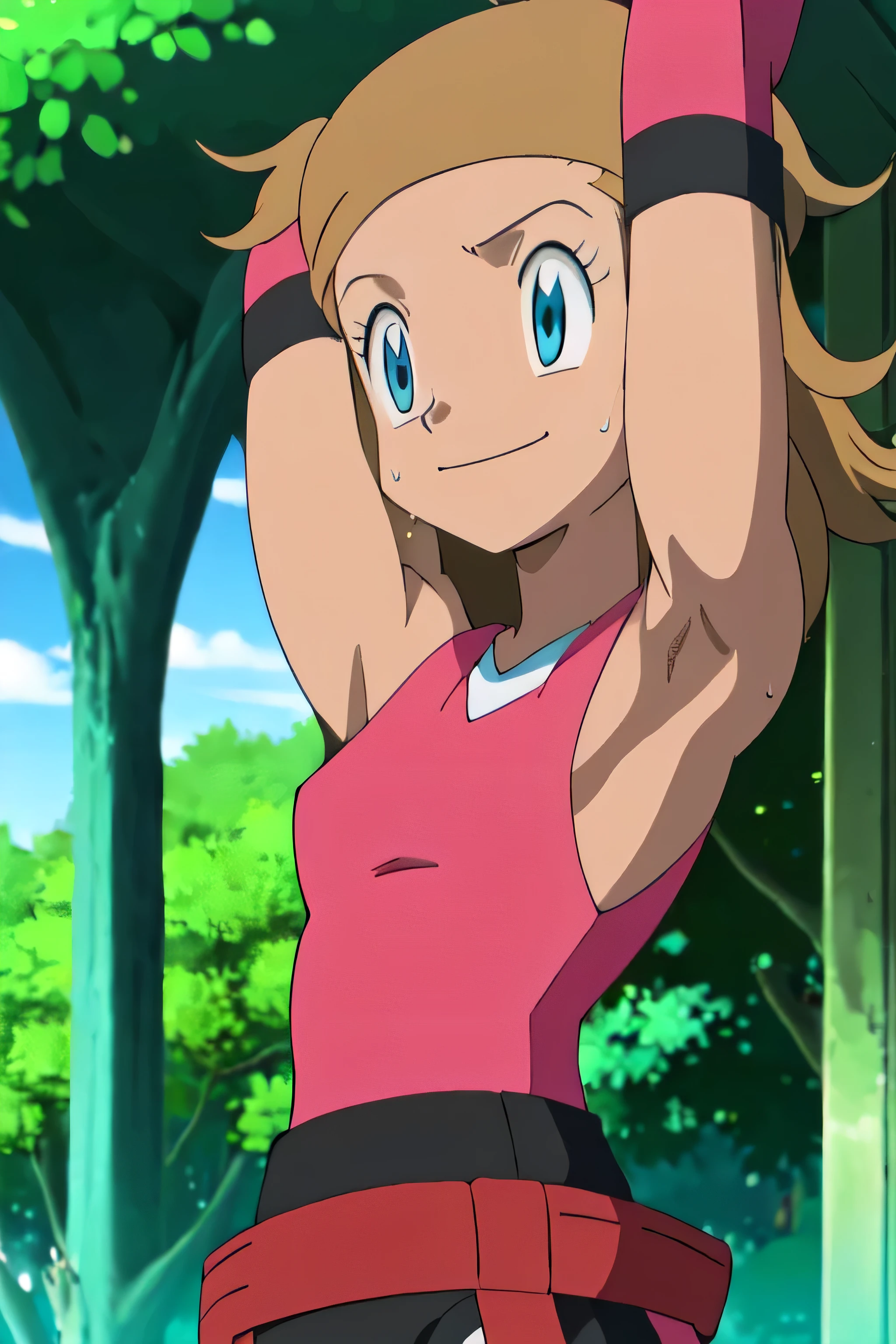 Serena, sleeveless top,sweating,smiling,forest in background, village, blue sky,moderately sized breasts, high quality, masterpiece mature appearance,armpits,sweat,sweaty,sweaty armpits,arms up,showing armpits,awesome armpits,outfit,blackish red arm warmers,maroon arm bands, maroon arm warmers,