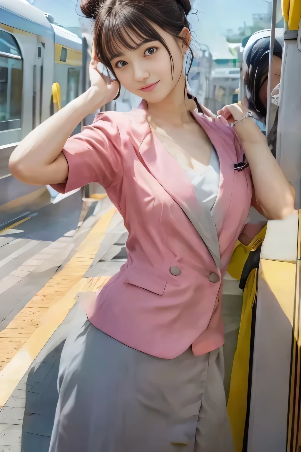 (masterpiece:1.2, highest quality:1.2), 32K HDR, High resolution, (alone、1 girl)、（On the rooftop of a building in the daytime、Professional Lighting）、Building rooftop background、（Nankai train crew uniform pinkを着たリアルスタイル）、（Nankai train crew uniform pink short sleeve pink jacket、Nankai Train Crew Uniform Pink Collarless Short Sleeve Blouse、Nankai Train crew uniform pinkのグレー色のキュロットスカート）、Dark brown hair、（Hair tied up、Hair Bun、Hair Bun）、Dark brown hair、Long Shot、Big Breasts、Thin legs、（（Great hands：2.0）），（（Harmonious body proportions：1.5）），（（Normal limbs：2.0）），（（Normal finger：2.0）），（（Delicate eyes：2.0）），（（Normal eyes：2.0））)、smile、（Nankai Train crew uniform pinkのグレー色のキュロットスカートを見せた美しい歩く姿）、Put your hands down