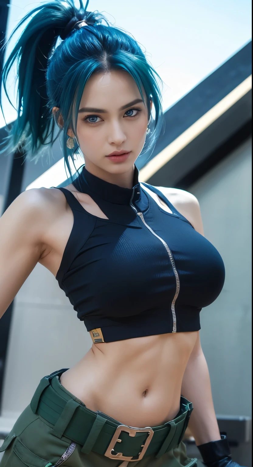 masterpiece,, best quality, highres, 1girl, leona heidern, blue hair, blue eyes, ponytail, green shorts, midriff, crop top, black gloves, breasts, military uniform, green jacket, earrings, jewelry, navel, large breasts, cowboy shot, black cropped tank top, black cropped tank top